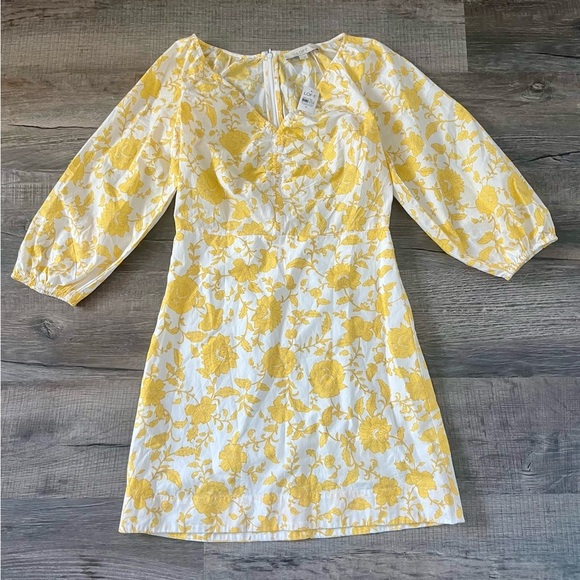 NWT! LOFT Floral Poplin Shirred Mini Dress 0 Soft Yellow Ann Taylor Wedding Puff - Picture 4 of 7